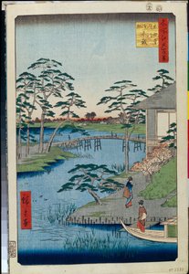 Cien vistas famosas de Edo: Templo Mokuboji y campos de vegetales en la ensenada de Uchigawa