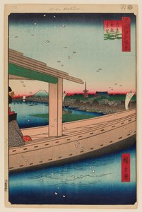 Vista lejana del Templo Kinryuzan y el Puente Azuma (Azumabashi Kinryuzan Enbo) de Ando or Utagawa Hiroshige