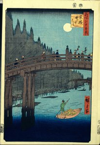 Xilografía japonesa: The Bamboo Wharf de Kyobashi Bridge (Tokio, Japón). Serie cien vistas famosas de Edo. (Bamboo Quay junto al puente Kyobashi, Cien vistas famosas de Edo). Obra de Utagawa Hiroshige (1797-1858), xilografía (39x26 cm) de Ando or Utagawa Hiroshige