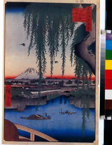 Estampa japonesa: Vista del Puente Yatsumi (Tokio, Japón). Serie cien vistas famosas de Edo. (Vista del puente Yatsumi, Cien vistas famosas de Edo). Obra de Utagawa Hiroshige (1797-1858), xilografía (37x24 cm) de Ando or Utagawa Hiroshige