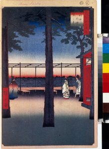 Xilografía japonesa: amanecer en el templo Kanda Myojin (Tokio, Japón). Serie cien vistas famosas de Edo. (Amanecer en el santuario Kanda Myojin, Cien vistas famosas de Edo). Obra de Utagawa Hiroshige (1797-1858), xilografía (39x26 cm) de Ando or Utagawa Hiroshige