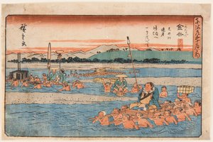 Kanaya juku (cruce de un río ancho), en Shimada. De la serie 53 estaciones del Tokaido de Ando or Utagawa Hiroshige