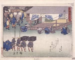 Serie Kyoka Tokaido, Seki (xilografía) de Ando or Utagawa Hiroshige