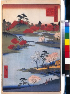 Le jardin du temple Hachiman a Fukagawa (cent vues celebres de Edo) - Oeuvre de Utagawa Hiroshige (1797-1858), estampe japonaise, vers 1858 - (Jardín abierto en el Santuario Hachiman en Fukagawa (Cien vistas famosas de Edo), Color grabado en madera por Hir de Ando or Utagawa Hiroshige