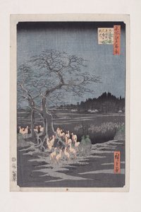 Fuegos de zorro en la víspera de Año Nuevo en el Árbol Cambiante, Ōji de Ando or Utagawa Hiroshige