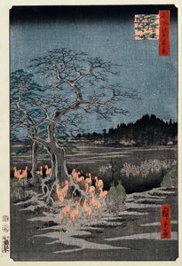 Fuegos de zorro en la víspera de Año Nuevo en el árbol de ortiga, Oji, de la serie Cien vistas famosas de Edo de Ando or Utagawa Hiroshige