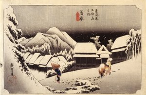 Nieve nocturna en Kanbara, nº 16 (xilografía en color) de Ando or Utagawa Hiroshige