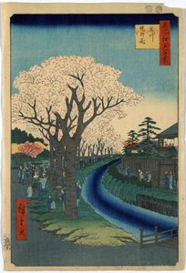 Grabado de Ando Hiroshige que muestra a los visitantes contemplando los cerezos en flor a orillas del río Tama, en Edo. de Ando or Utagawa Hiroshige