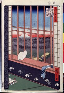 Serie ""Las cien vistas famosas de Edo"": ""Los campos de arroz de Asakusa durante el festival del gallo, un gato sentado en el alféizar de la ventana"" (Un gato sentado en el asiento de la ventana) Impresión de Utagawa Hiroshige (1797-1858) ) Museo Pushki de Ando or Utagawa Hiroshige