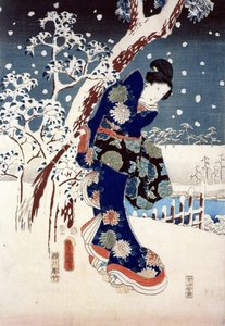 Escena de nieve en el jardín de un Daimyo, parte de un tríptico