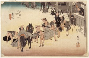 Estación 23, Fujieda (xilografía en color, pluma, tinta, lápiz) de Ando or Utagawa Hiroshige