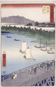 Estación 35, Yoshida; Serie Kyoka Tokaido (Figuras cruzando en primer plano) (xilografía en color) de Ando or Utagawa Hiroshige