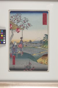 Casa de té con vistas al monte Fuji en Z?shigaya (Z?shigaya Fujimi Chaya) (xilografía en color)