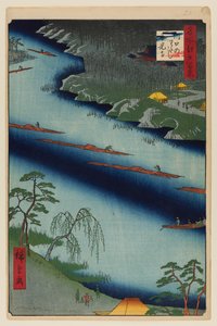 El transbordador de Kawaguchi y el templo Zenkoji de Ando or Utagawa Hiroshige