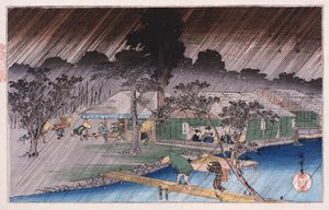 Lluvia al atardecer en la orilla de Tadasu, de la serie Lugares famosos de Kioto de Ando or Utagawa Hiroshige