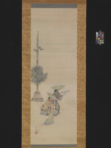 Dos mujeres con sombrero bailando (tinta y color sobre seda) de Ando or Utagawa Hiroshige