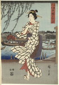 Mujer caminando en la orilla de un río, pub.1848
