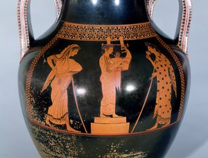 Ánfora de figuras rojas del Ática que representa a un citharede actuando en una competencia musical, c.525-520 a.C. de Andokides Painter