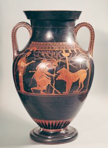 Ánfora de figuras rojas áticas que representa a Heracles capturando a Cerbero, griego, de Atenas, siglo VI a.C.