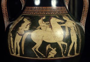 Ánfora de figuras blancas del ático que representa amazonas preparándose para la batalla, c.525-520 a.C. (detalle) de Andokides Painter