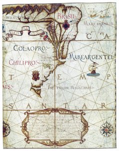 Mapa de América del Sur, in Universa ac Navigabilis Totius Terrarum Orbis Descriptio 1559 (manuscrito en color) de André Homem
