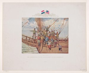 El barco de Henry Hudson, el Halve Maen, acercándose a la costa de América del Norte, 1609 ¡Tierra a la vista! La gente del barco del Halve Maen en la proa (título sobre el objeto) de André Vlaanderen