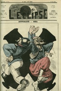 Actuales, soldado prusiano y francés bailando frente a los cañones de la guerra franco-prusiana. Portada en "L