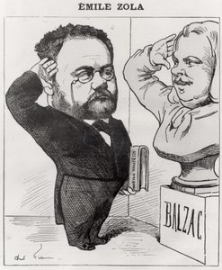 Caricatura de Emile Zola saludando un busto de Honoré de Balzac, 1878