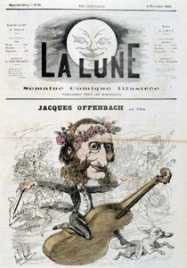 Caricatura de Jacques Offenbach (1819 - 1880), montando un violín - por Gill en "La Lune" del 04/11/1866