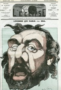 Caricatura de "el hombre que habla", Leon Gambetta (1838-1882), político francés. Portada en "L