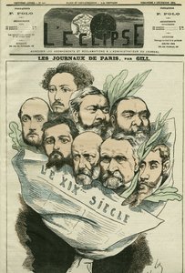 Caricatura del equipo del periódico “Le XIXe siècle”, dirigido por Edmont About (1828-?), un hombre de letras francés. Portada en “L