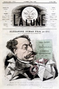 Dibujo cómico sobre Alexandre Dumas Fils por Gill. Portada de “La Lune” del 24/03/1867