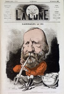 Giuseppe Garibaldi (1807-1882), himno a la paz - por Gill, en “La Luna” del 22/09/1867