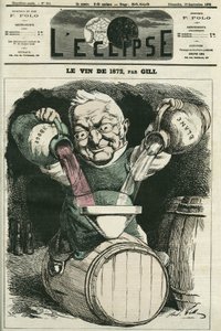 El vino de 1872, ilustración de Adolphe Thiers mezclando vino blanco y tinto (1797-1877), historiador y estadista francés. Portada en "L