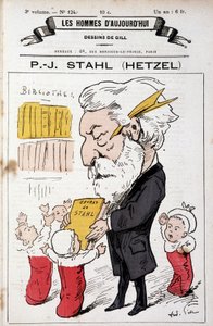 Retrato-caricatura de Pierre Jules Hetzel ofreciendo las obras de Stahl (su seudónimo) a los niños, "Los Hombres de Hoy", s.d. finales del siglo XIX