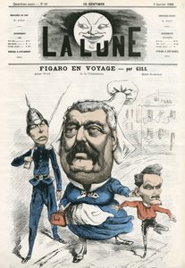 Retrato de Albert Wolff, Hippolyte de Villemessant y Henri Rochefort, periodistas en el Figaro. Caricatura de Gill, en 