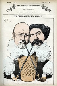 Retrato de Emile Erckmann (1822-1899) y Alexandre Chatrian (1826-1890), novelistas franceses. Caricatura por Gill, en Les Homme d
