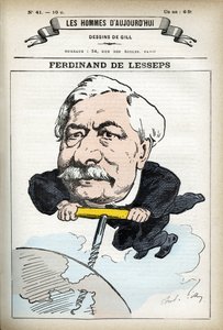 Retrato de Ferninand de Lesseps (1805-1894), diplomático francés. Caricatura por Gill, en “Les Homme d