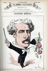 Retrato de Olivier Metra (1830-1889), actor francés, compositor popular. Caricatura por Gill, en “Les Homme d