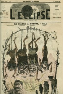 El diablo tiene cuatro, panfleto político rediseñado por Mefistófeles alias Wolff, Villemessant, Duchesne, y su caricaturista Benassit. Portada en “L
