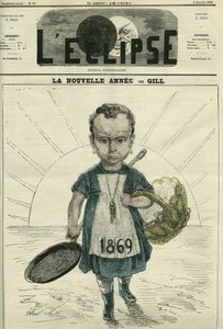El Año Nuevo, ilustración de una niña sosteniendo una estufa y una canasta de huevos. Portada en 