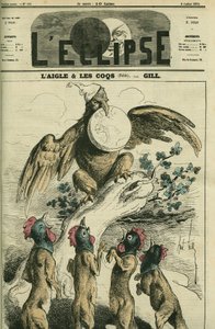 El águila y los gallos, según la fábula, el águila napoleónica sostiene a Francia en su pico lista para soltarla a los zorros con cabeza de gallo. Portada en 