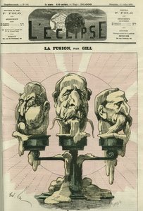 La fusión, una ilustración de la constitución de la Asamblea, con realistas, bonapartistas y republicanos. Portada en "L