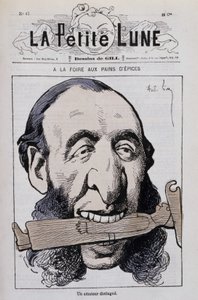 La feria del pan de jengibre, un aficionado distinguido: Caricatura de Jules Ferry anticlerical - en “La Pequeña Luna”