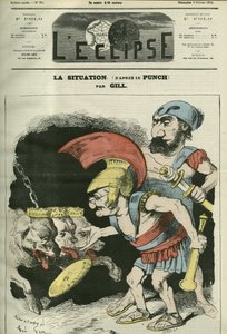 La situación, caricatura de Adolphe Thiers (1797-1877) y Leon Gambetta (1838-1882) dando un ministerio a perros realistas y bonapartistas. Portada en “L