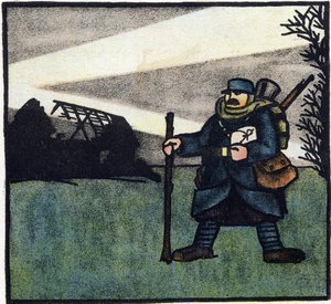 Primera Guerra Mundial 1914-1918 (14-18): Peludo. Retrato de un soldado del ejército francés en uniforme militar con mochila, bolsa y fusil. Grabado en "Abecedario de la Gran Guerra 1914-1916 (para los hijos de nuestros soldados)". Ediciones Berger-Levraul de Andre Helle