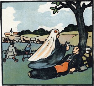 Primera Guerra Mundial 1914-1918 (14-18): Enfermera de la Cruz Roja que viene a atender a los soldados hasta los campos de batalla. Grabado en "Alfabeto de la Gran Guerra 1914-1916 (para los hijos de nuestros soldados)". Ediciones Berger-Levrault