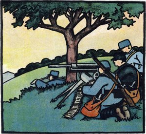Primera Guerra Mundial 1914-1918 (14-18): Soldados del ejército francés utilizando ametralladoras en los campos de batalla. Grabado en "Alfabeto de la Gran Guerra 1914-1916 (para los hijos de nuestros soldados)". Ediciones Berger-Levrault