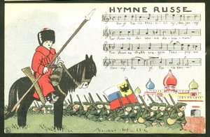 Postal, Satírica en Colores: Himno Ruso - Guerra del 14 -18, Rusia, Cantando - Soldados Ilustración de Andre Helle (1875-1945)