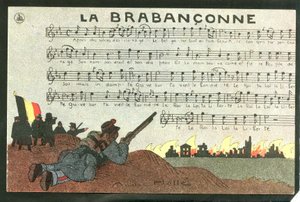 Tarjeta postal, satírica en colores, hacia 1915: La brabanconne - Guerra del 14 -18, Bélgica, Canto - Soldados Ilustración de André Helle (1875-1945) de Andre Helle